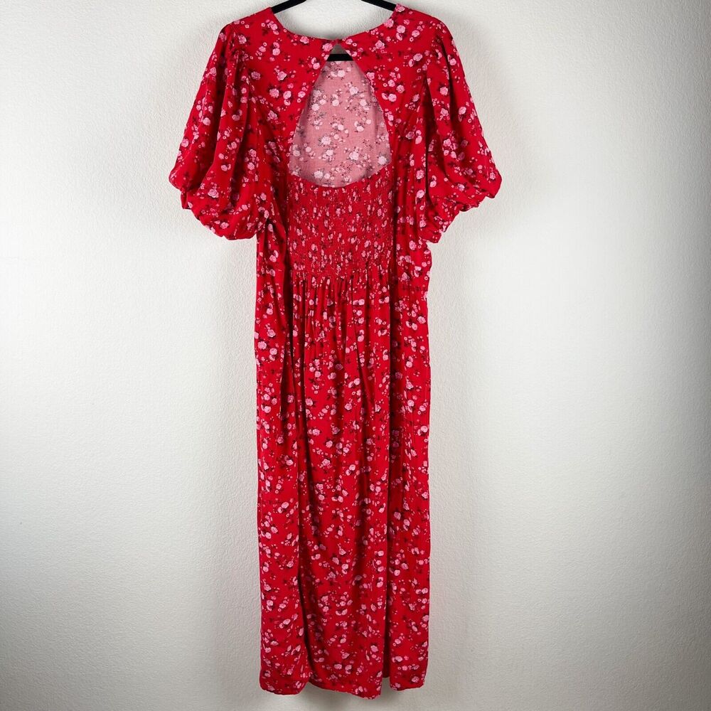 Old Navy Floral Maxi Dress Womens XXL Tall Red Puff Sleeve Open Back Front Slit - Picture 10 of 15
